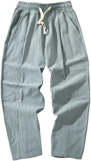 Men Cotton Trousers Casual Solid Color Long Pants Breathable Drawstring Straight Harem Pants