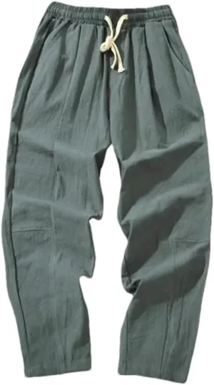 Men Cotton Trousers Casual Solid Color Long Pants Breathable Drawstring Straight Harem Pants
