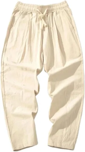 Men Cotton Trousers Casual Solid Color Long Pants Breathable Drawstring Straight Harem Pants