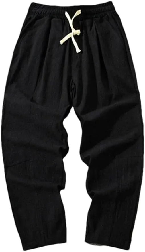 Men Cotton Trousers Casual Solid Color Long Pants Breathable Drawstring Straight Harem Pants