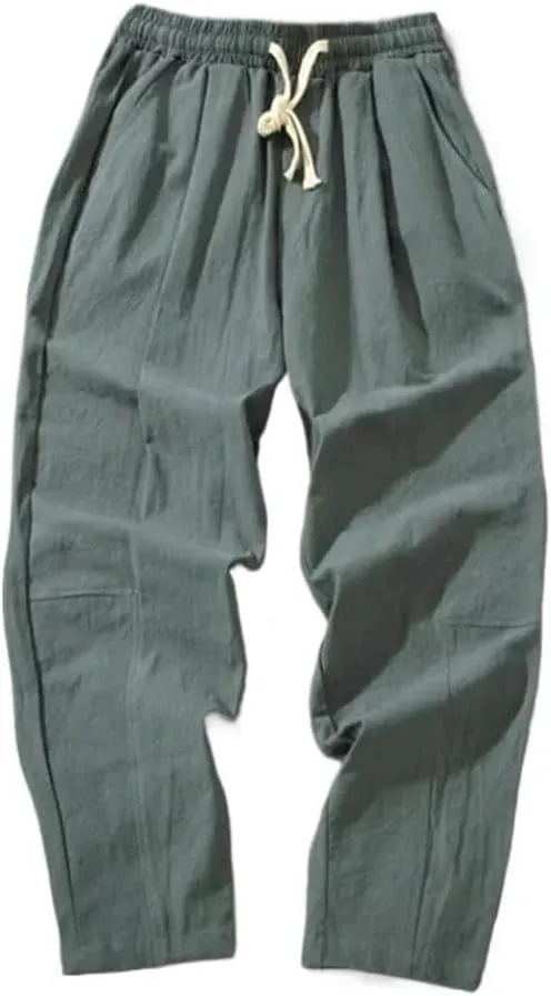 Men Cotton Trousers Casual Solid Color Long Pants Breathable Drawstring Straight Harem Pants