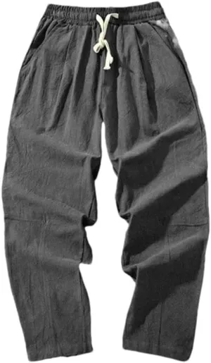 Men Cotton Trousers Casual Solid Color Long Pants Breathable Drawstring Straight Harem Pants