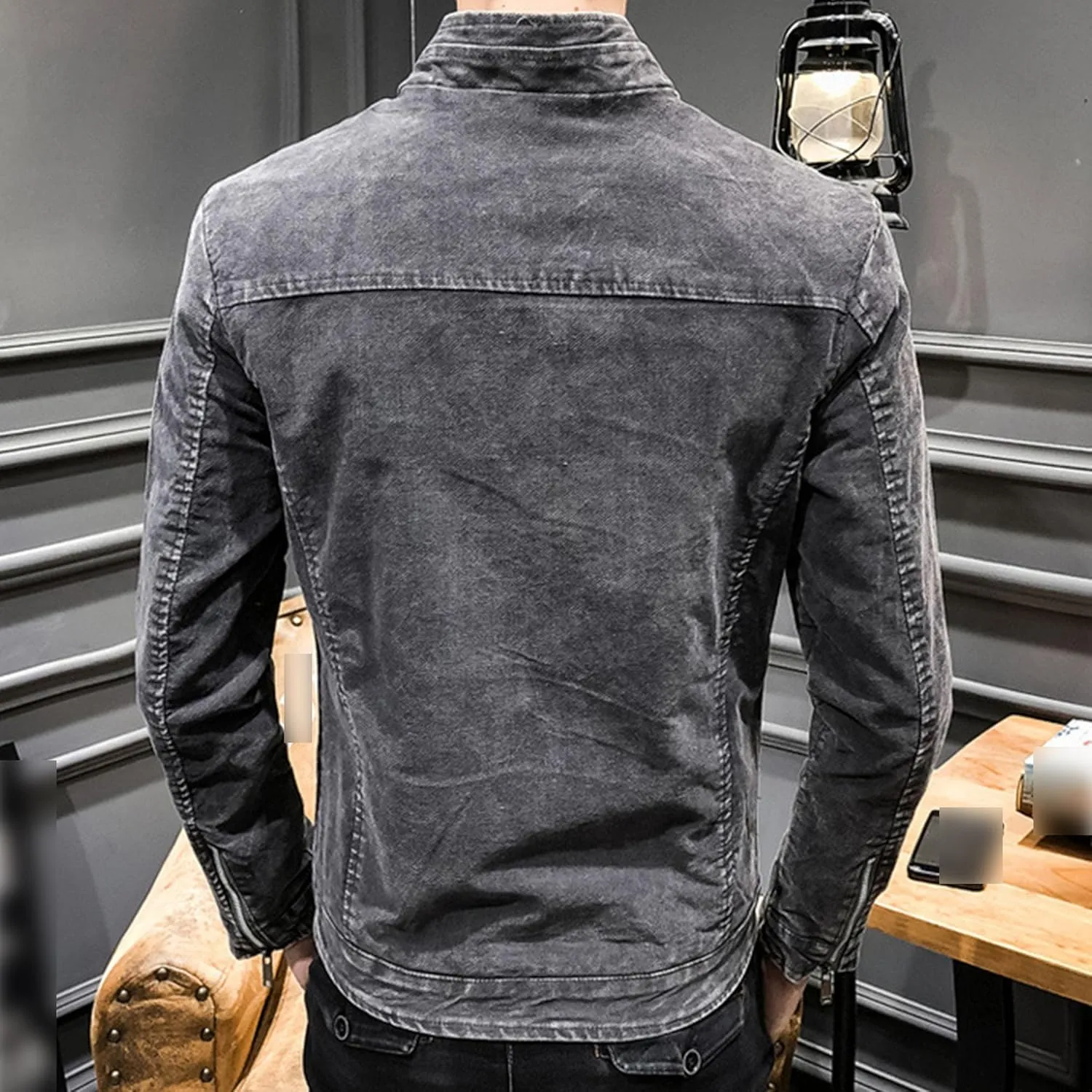 Men's Banded Collar Denim Jacket Distressed Moto Button Down Denim Shirt Full Zip Long Sleeve Winter Jacket