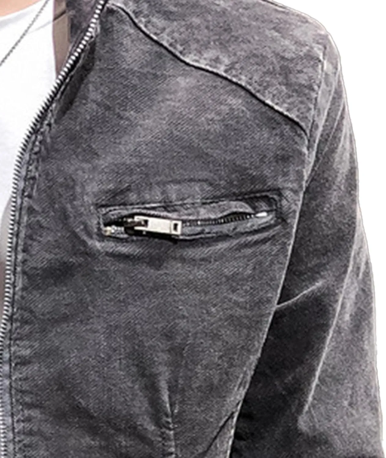 Men's Banded Collar Denim Jacket Distressed Moto Button Down Denim Shirt Full Zip Long Sleeve Winter Jacket