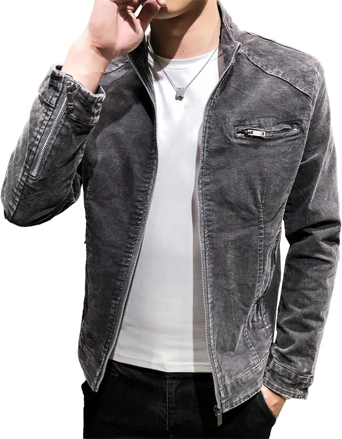 Men's Banded Collar Denim Jacket Distressed Moto Button Down Denim Shirt Full Zip Long Sleeve Winter Jacket