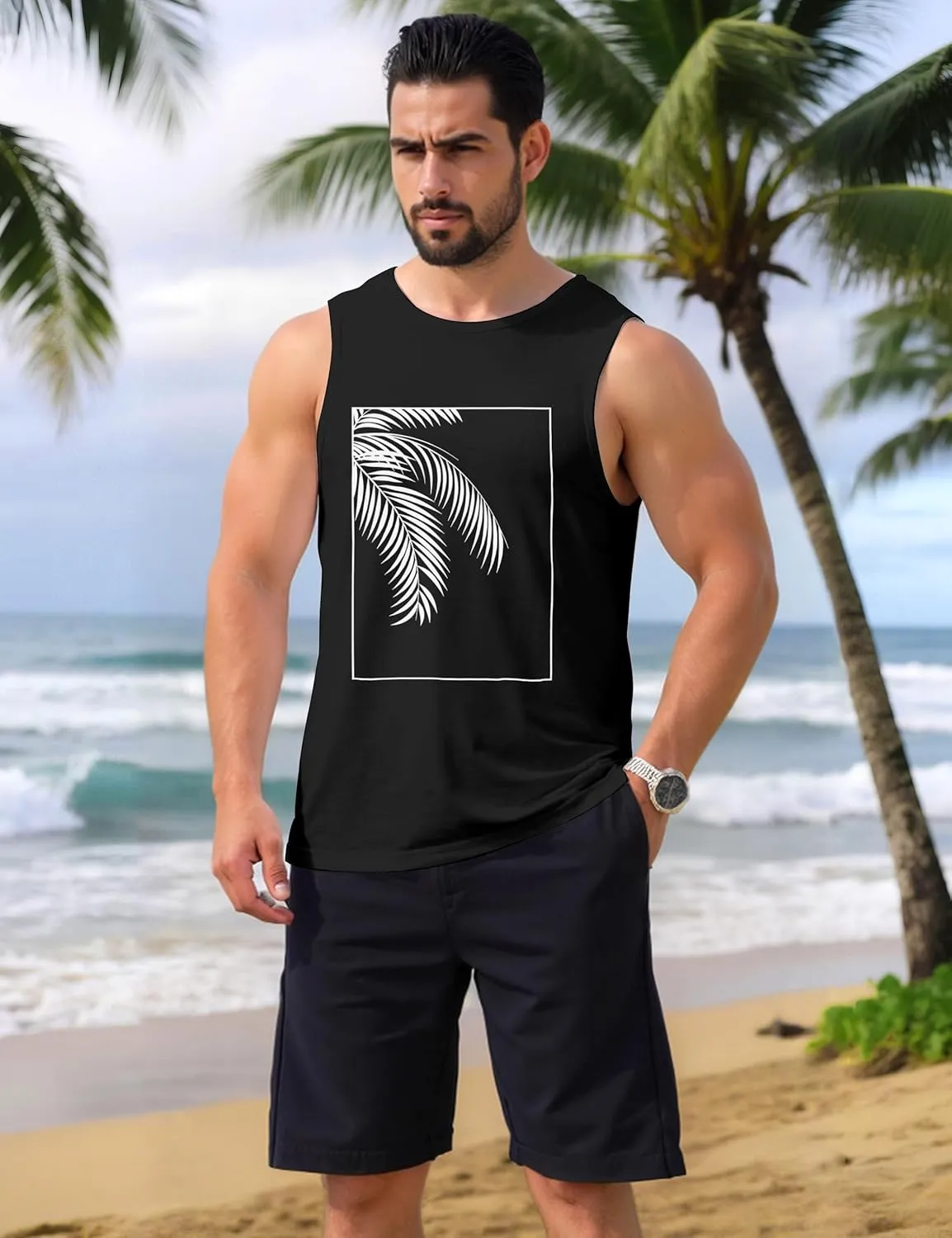 Mens Beach Tank Tops Summer Hawaii Vacation Graphic Muscle Palm Tree Sleeveless Shirts
