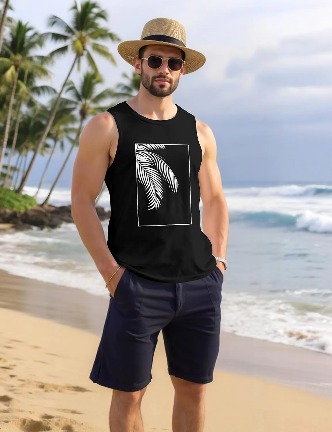 Mens Beach Tank Tops Summer Hawaii Vacation Graphic Muscle Palm Tree Sleeveless Shirts