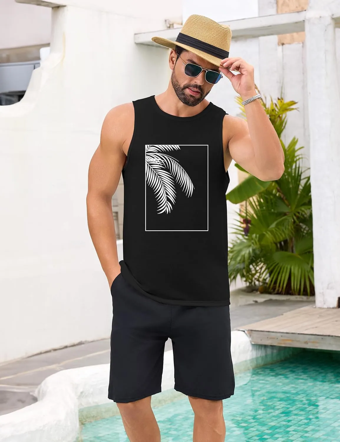 Mens Beach Tank Tops Summer Hawaii Vacation Graphic Muscle Palm Tree Sleeveless Shirts