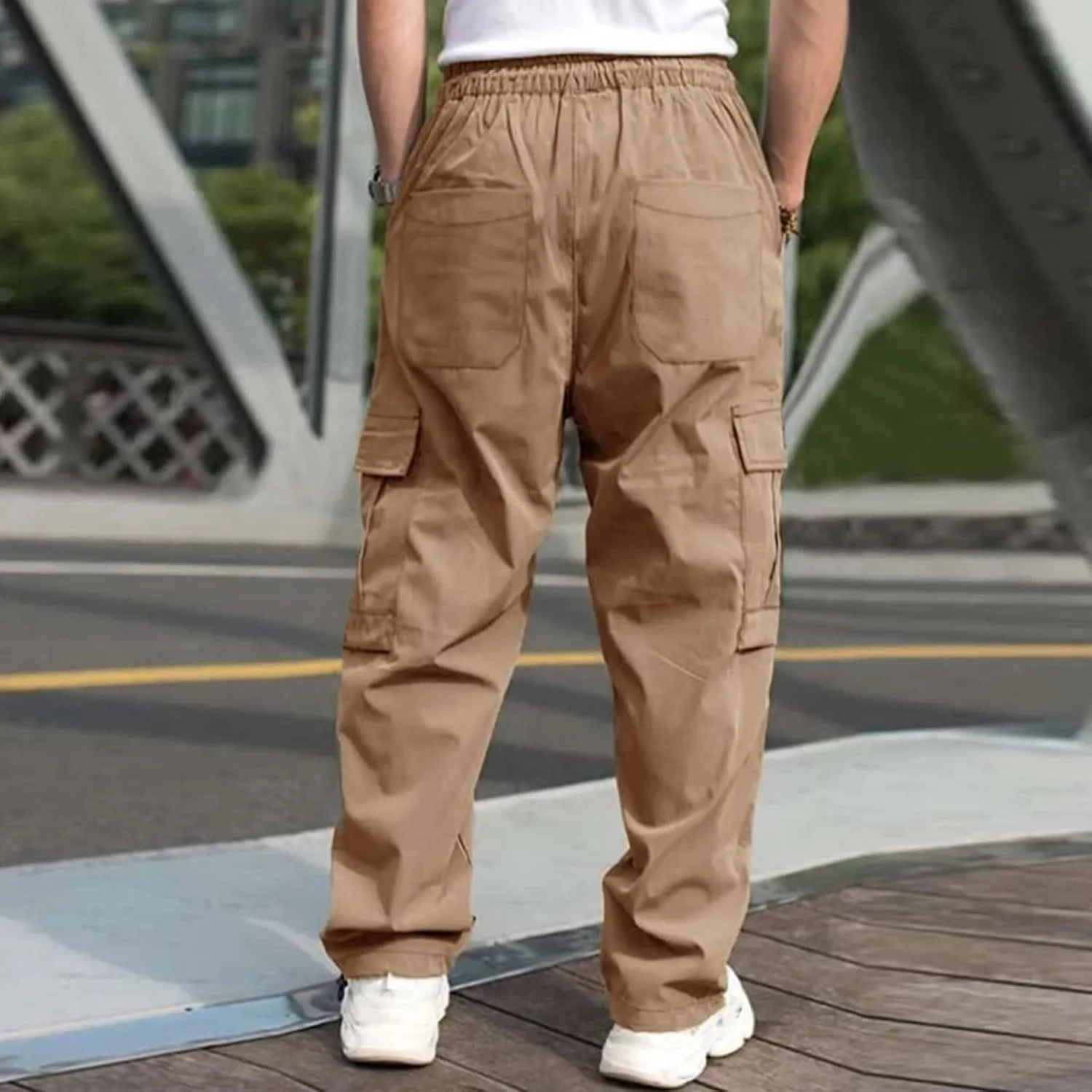 Men's Casual Cargo Pants, Elastic Waist Drawstring Joggers, Outdoor Tapered Sweatpants for Men Multi Pockets