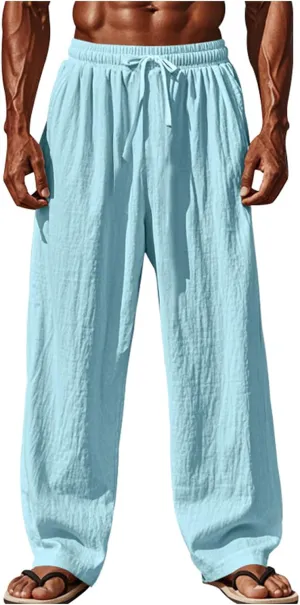 Men's Casual Linen Pants Wide Leg Drawstring Straight Elastic Waist Trousers Lightweight Jogger Work Yoga Pants