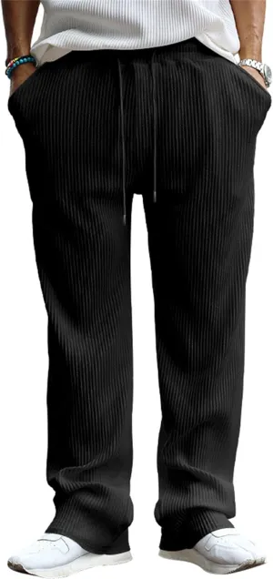 Men's Corduroy Pants Solid Color Straight Leg Sweatpants Drawstring Elastic Waist for Travel Sports Casual Wear