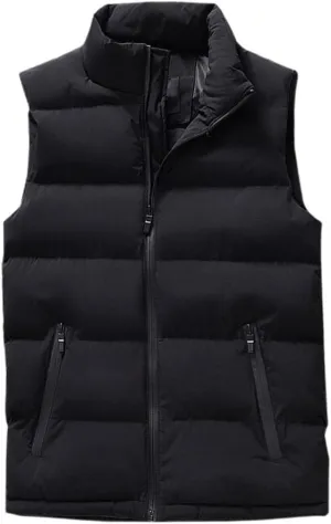 Men's Down Vest - Autumn Winter Men Vest Cotton Padded Men Waistcoat Solid Color Stand Collar Zipped Pockets Jacket Windproof Sleeveless Outdoor Warm Outerwear,Black,L