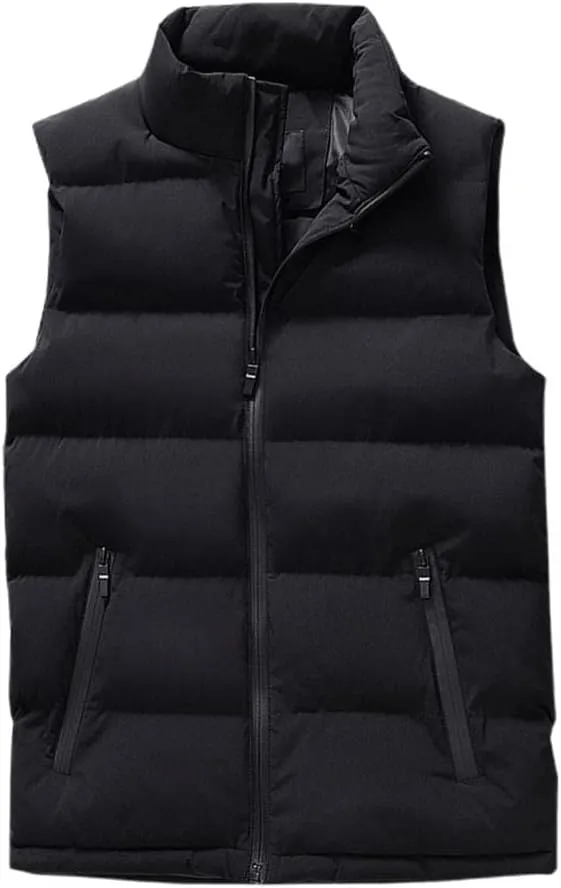 Men's Down Vest - Autumn Winter Men Vest Cotton Padded Men Waistcoat Solid Color Stand Collar Zipped Pockets Jacket Windproof Sleeveless Outdoor Warm Outerwear,Black,XL