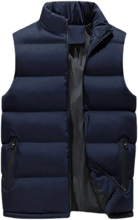 Men's Down Vest - Autumn Winter Men Vest Cotton Padded Men Waistcoat Solid Color Stand Collar Zipped Pockets Jacket Windproof Sleeveless Outdoor Warm Outerwear,Blue,XL