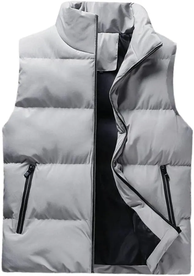 Men's Down Vest - Autumn Winter Men Vest Cotton Padded Men Waistcoat Solid Color Stand Collar Zipped Pockets Jacket Windproof Sleeveless Outdoor Warm Outerwear,Grey,4XL