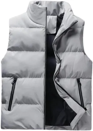 Men's Down Vest - Autumn Winter Men Vest Cotton Padded Men Waistcoat Solid Color Stand Collar Zipped Pockets Jacket Windproof Sleeveless Outdoor Warm Outerwear,Grey,L