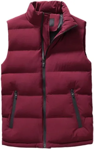 Men's Down Vest - Autumn Winter Men Vest Cotton Padded Men Waistcoat Solid Color Stand Collar Zipped Pockets Jacket Windproof Sleeveless Outdoor Warm Outerwear,Red,4XL