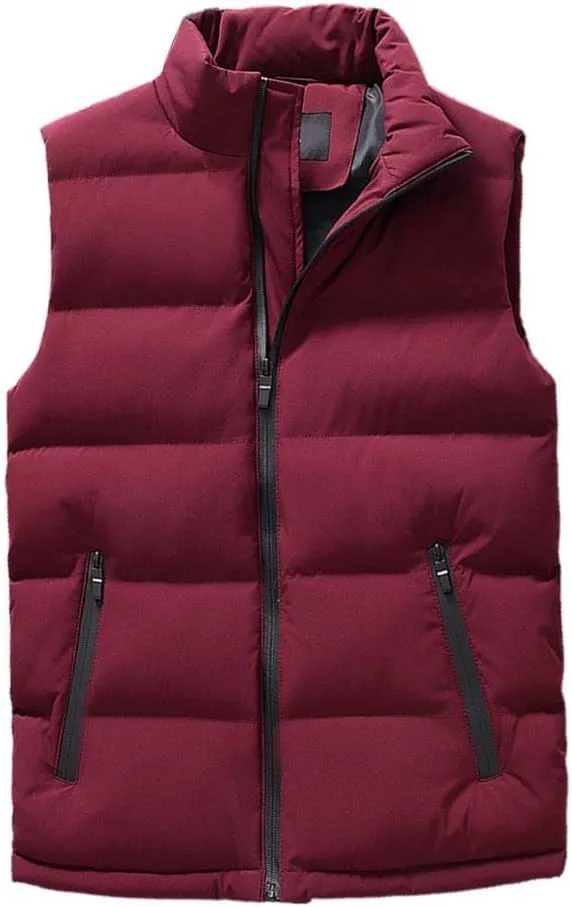 Men's Down Vest - Autumn Winter Men Vest Cotton Padded Men Waistcoat Solid Color Stand Collar Zipped Pockets Jacket Windproof Sleeveless Outdoor Warm Outerwear,Red,4XL