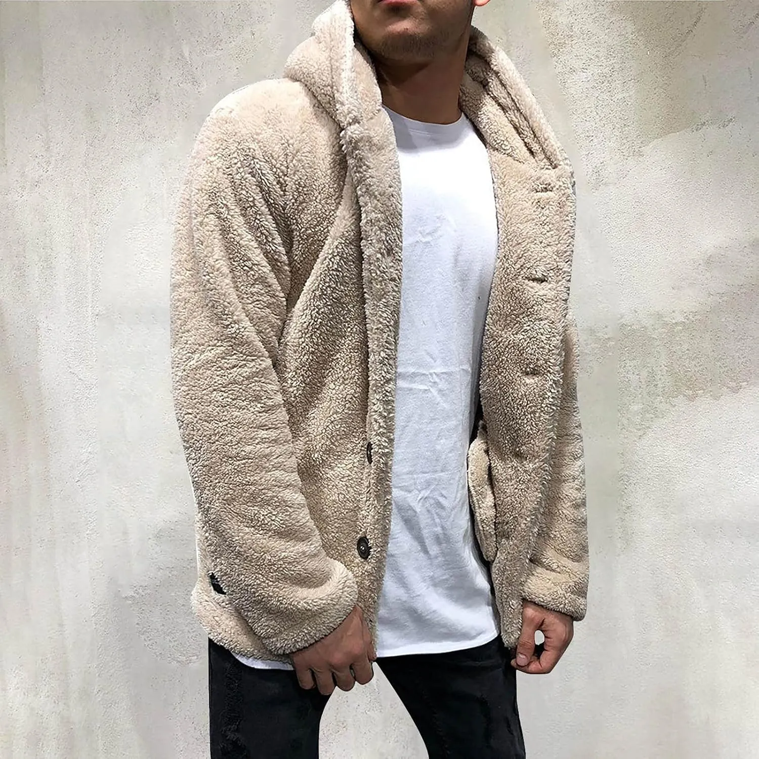 Mens Fluffy Fuzzy Jacket,Plush Fleece Casual Winter Fall Button Up Cardigan Coat Soft Sherpa Outerwear