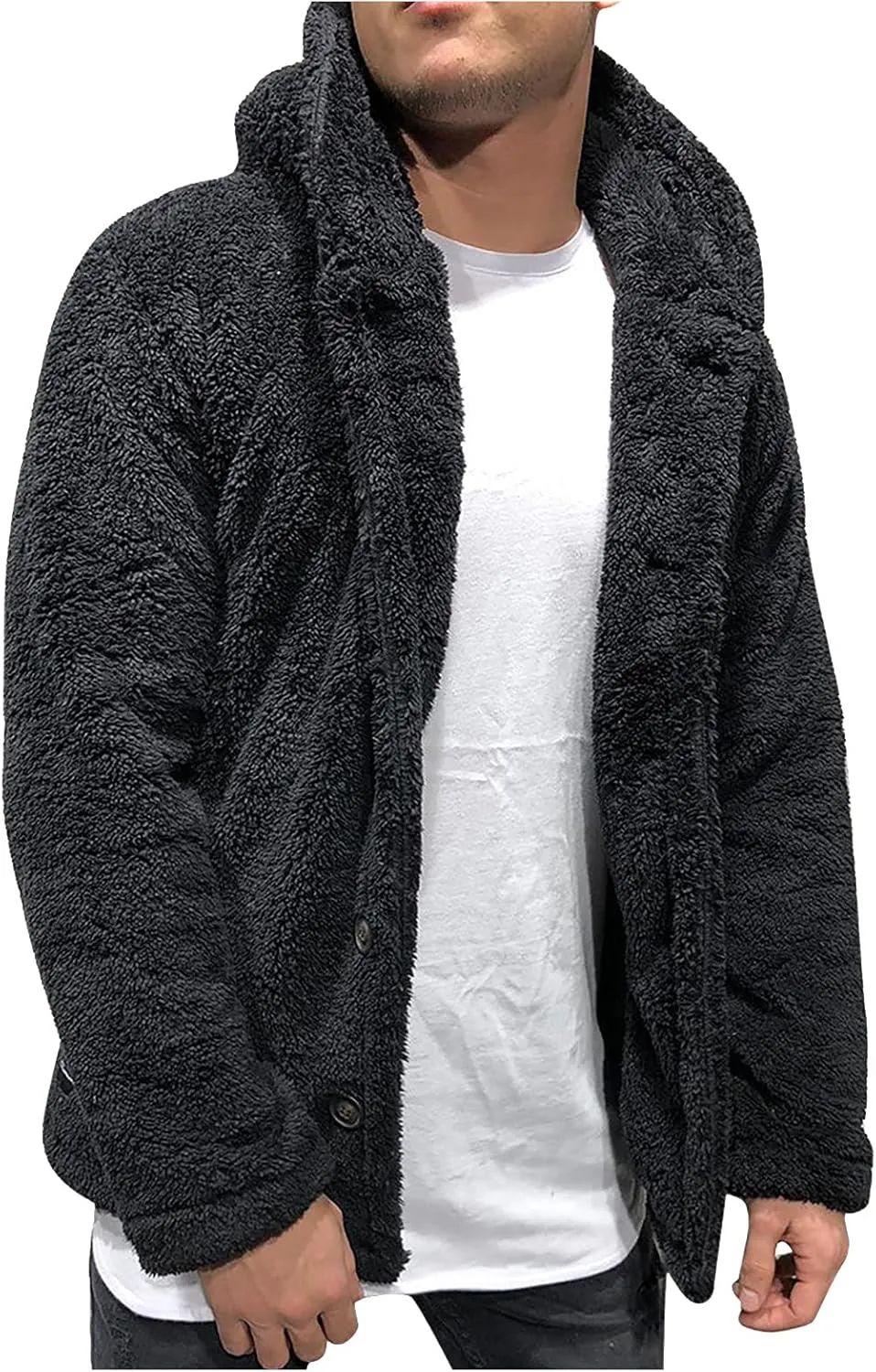 Mens Fluffy Fuzzy Jacket,Plush Fleece Casual Winter Fall Button Up Cardigan Coat Soft Sherpa Outerwear