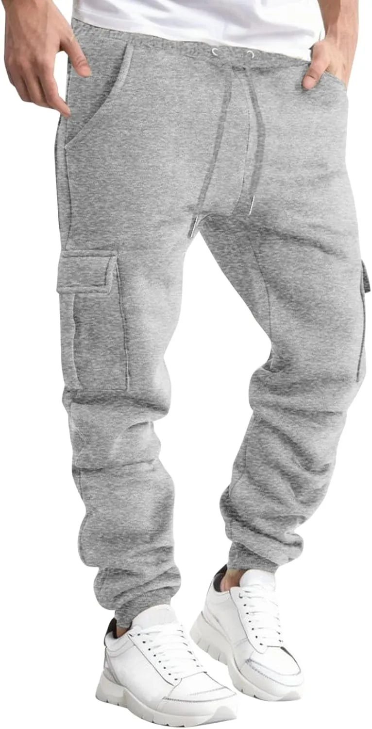 Men's Heavyweight Fleece Cargo Sweatpants Winter Drawstring Elastic Waist Joggers Baggy Cargo Pants Trousers with Pockets