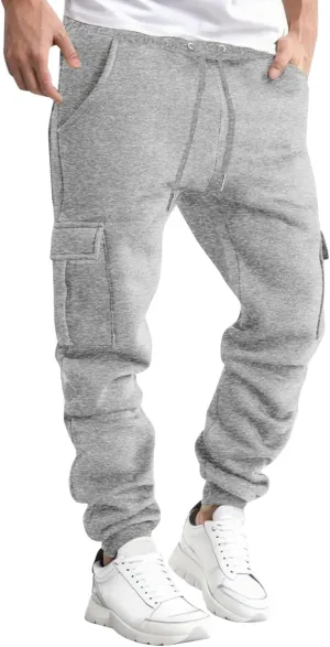 Men's Heavyweight Fleece Cargo Sweatpants Winter Drawstring Elastic Waist Joggers Baggy Cargo Pants Trousers with Pockets