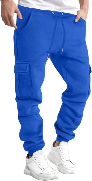 Men's Heavyweight Fleece Cargo Sweatpants Winter Drawstring Elastic Waist Joggers Baggy Cargo Pants Trousers with Pockets