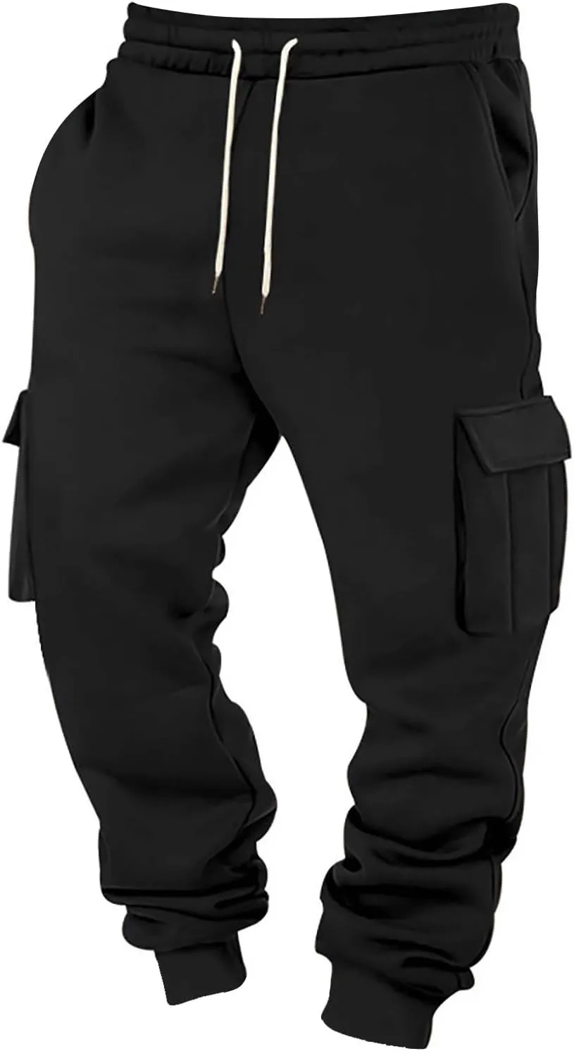 Mens Hiking Cargo Pants Large Elastic Waist Pants with Multi-Pocket Fit Drawstring Wide Trousers