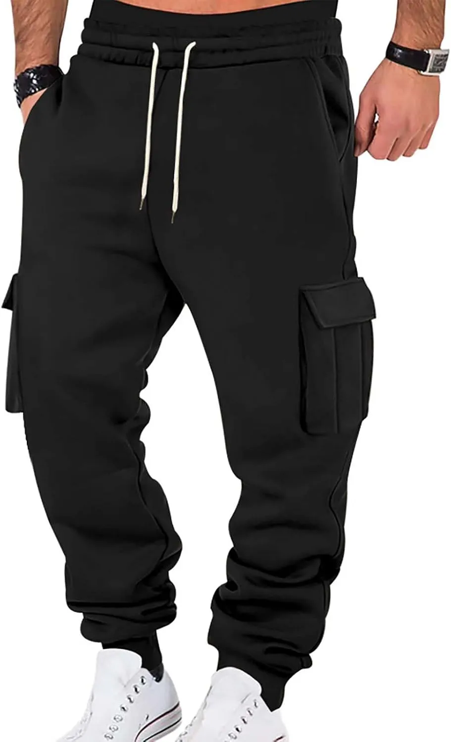 Mens Hiking Cargo Pants Large Elastic Waist Pants with Multi-Pocket Fit Drawstring Wide Trousers