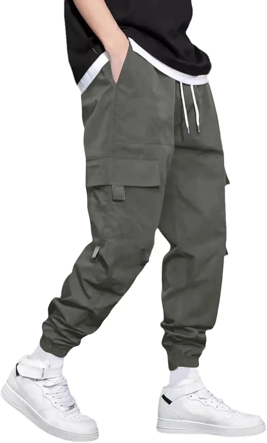 Mens Jogging Cargo Pants Big and Tall Elastic Waist Pants with Multi-Pocket Loose Drawstring Comfy Trousers