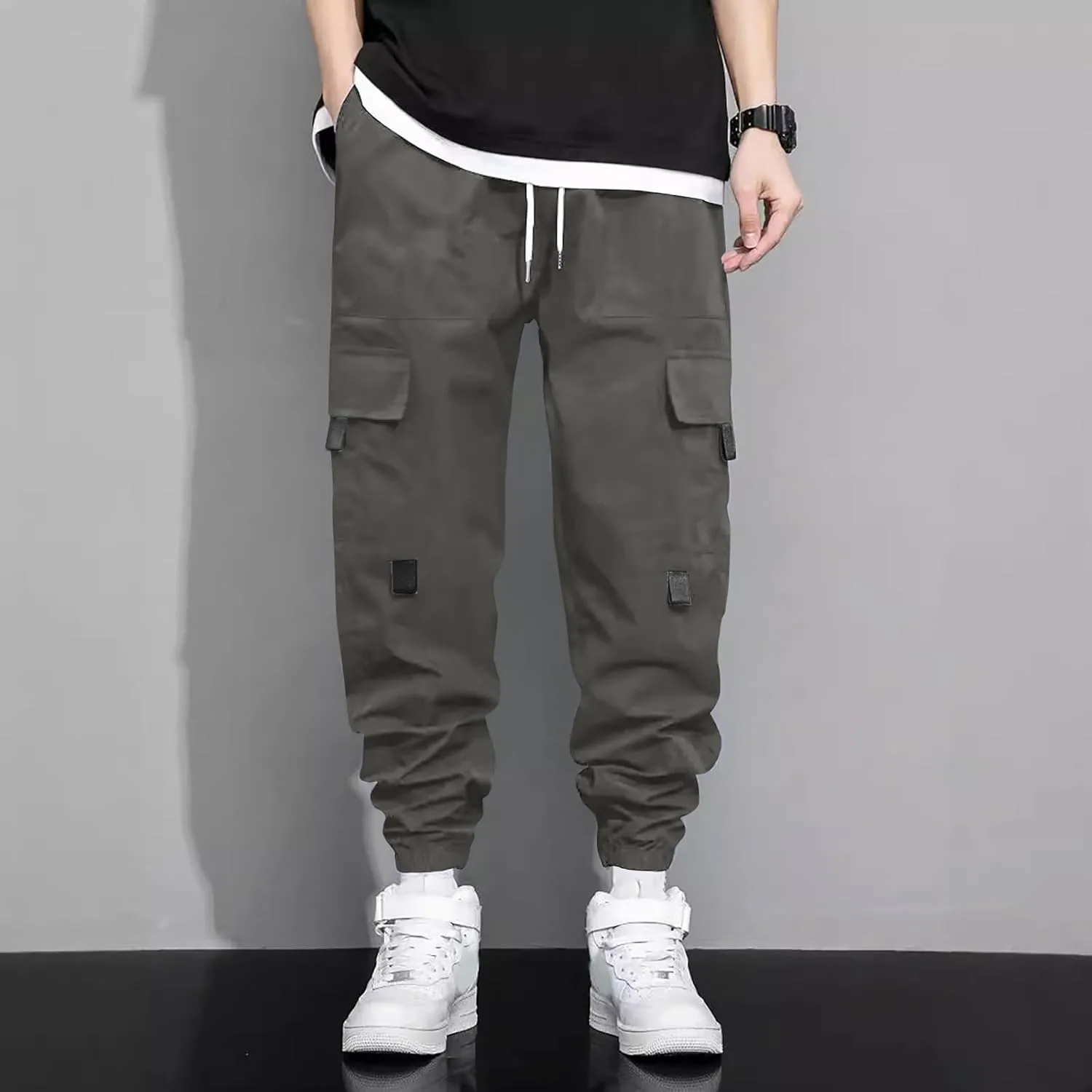 Mens Jogging Cargo Pants Big and Tall Elastic Waist Pants with Multi-Pocket Loose Drawstring Comfy Trousers