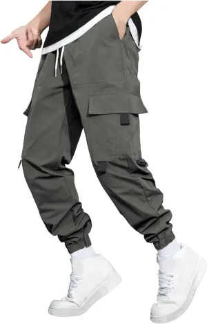 Mens Jogging Cargo Pants Big and Tall Elastic Waist Pants with Multi-Pocket Loose Drawstring Comfy Trousers