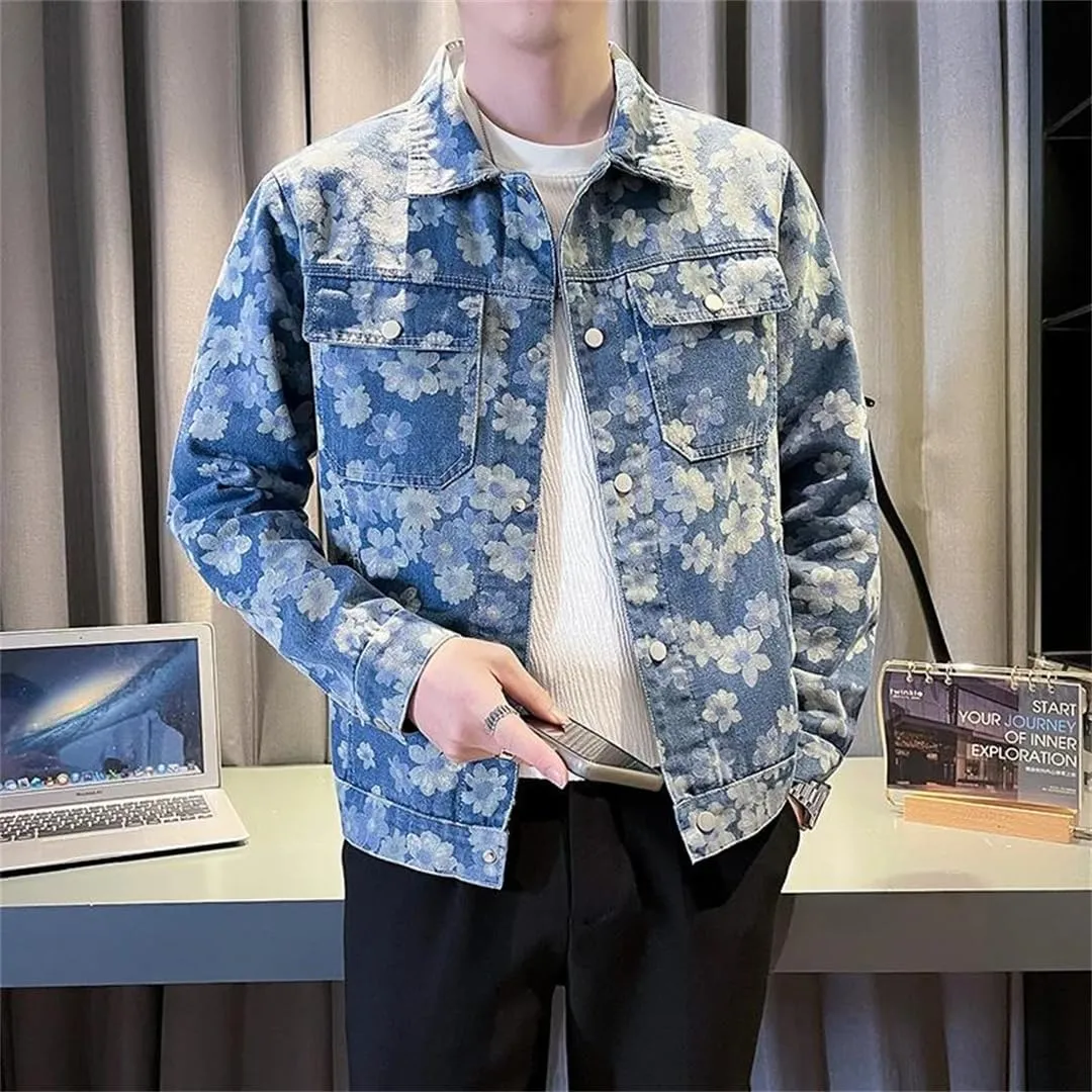 Mens Korean Floral Print Denim Jackets Slim Fit Jacket Casual Outwear Coat
