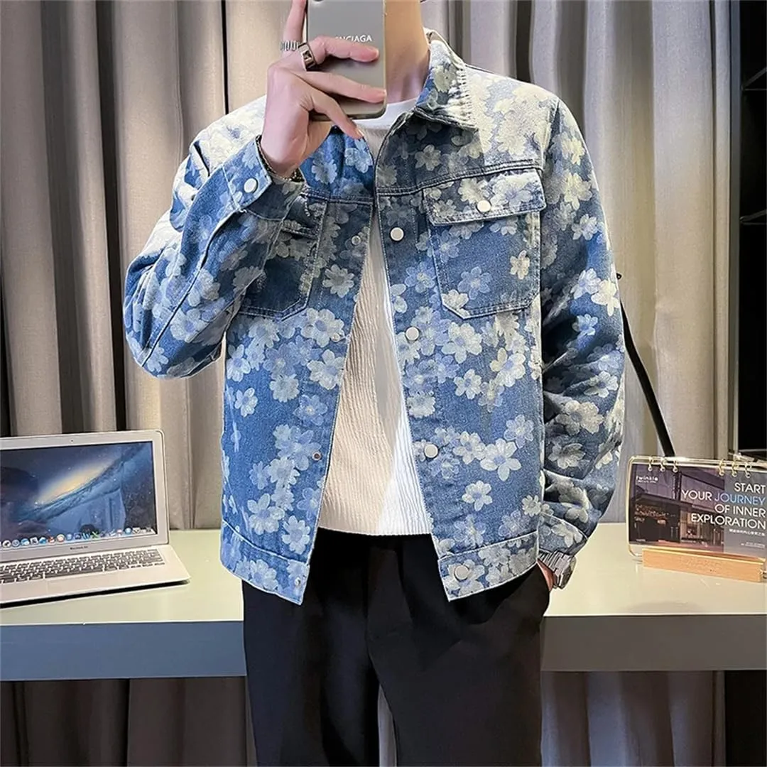 Mens Korean Floral Print Denim Jackets Slim Fit Jacket Casual Outwear Coat