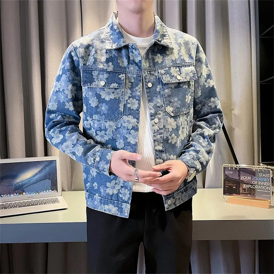 Mens Korean Floral Print Denim Jackets Slim Fit Jacket Casual Outwear Coat