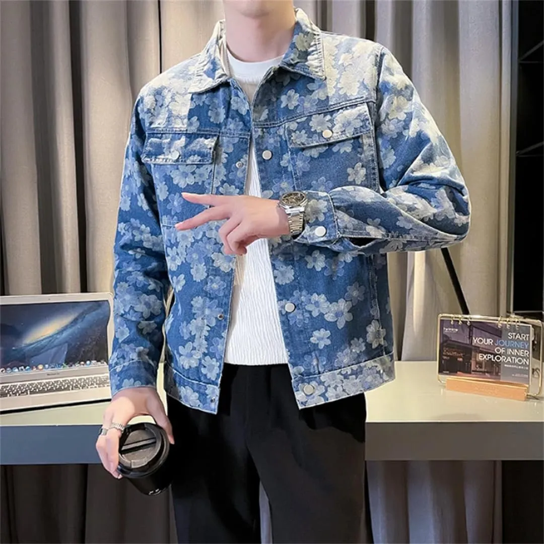 Mens Korean Floral Print Denim Jackets Slim Fit Jacket Casual Outwear Coat