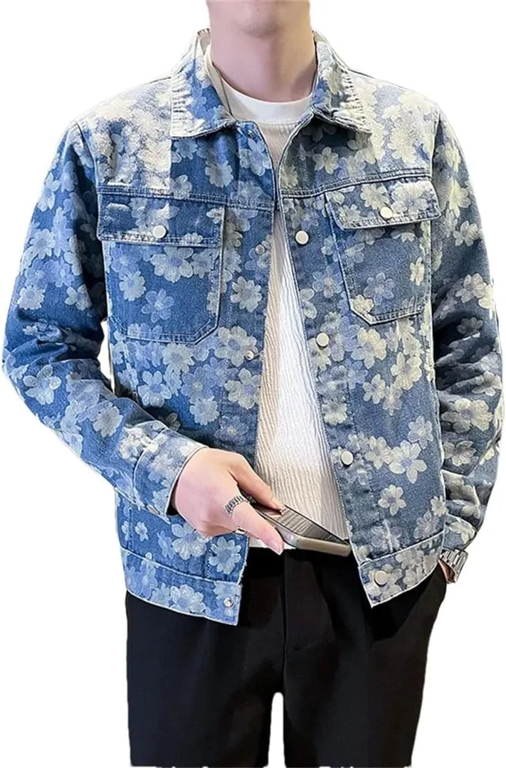 Mens Korean Floral Print Denim Jackets Slim Fit Jacket Casual Outwear Coat