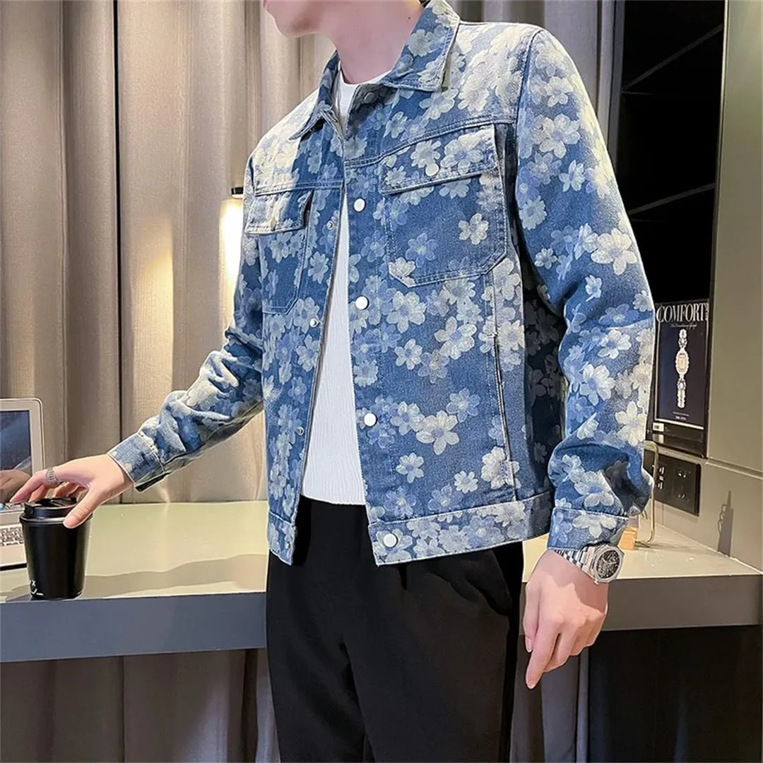 Mens Korean Floral Print Denim Jackets Slim Fit Jacket Casual Outwear Coat