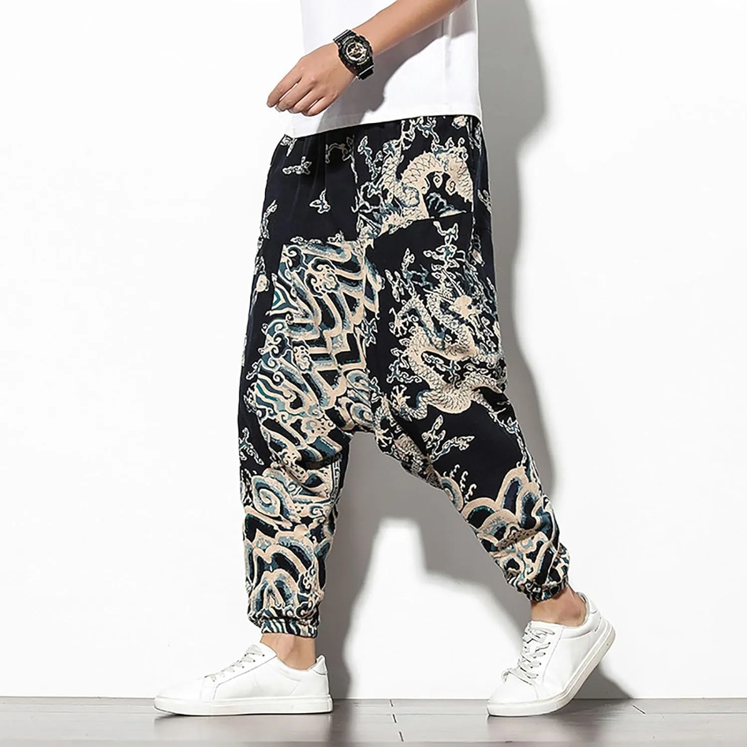 Mens Linen Cotton Chinese Dragon Pattern Harem Pants Big and Tall Elastic Waist Wide Leg Trousers Drop Crotch Hippie Pants