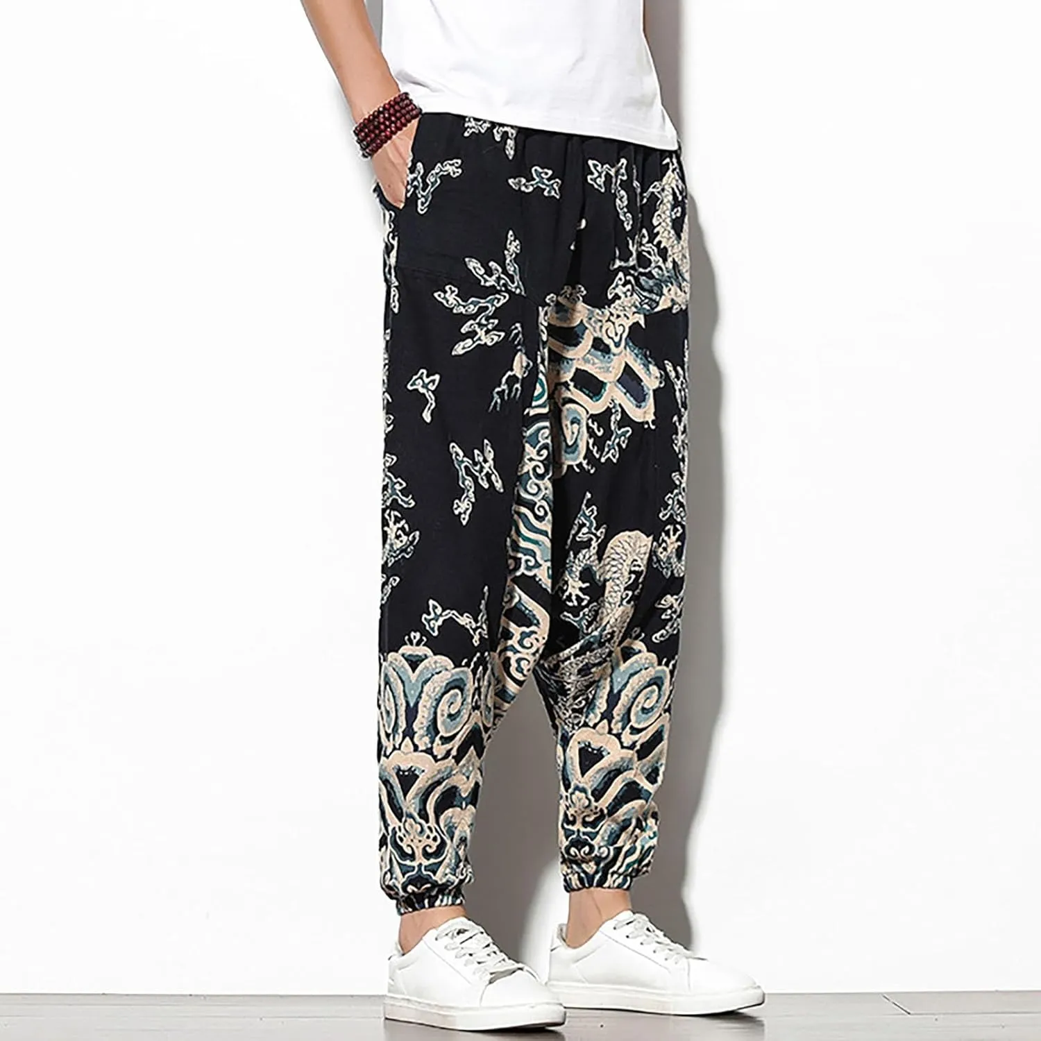 Mens Linen Cotton Chinese Dragon Pattern Harem Pants Big and Tall Elastic Waist Wide Leg Trousers Drop Crotch Hippie Pants