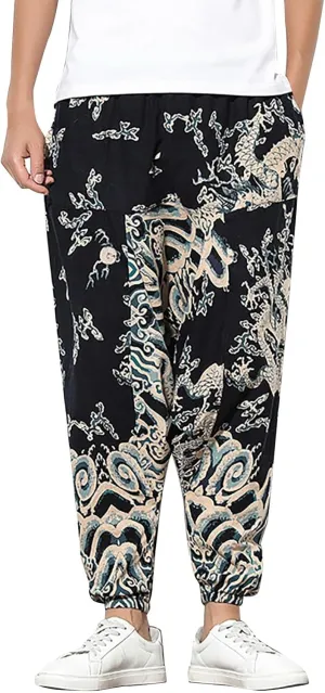 Mens Linen Cotton Chinese Dragon Pattern Harem Pants Big and Tall Elastic Waist Wide Leg Trousers Drop Crotch Hippie Pants