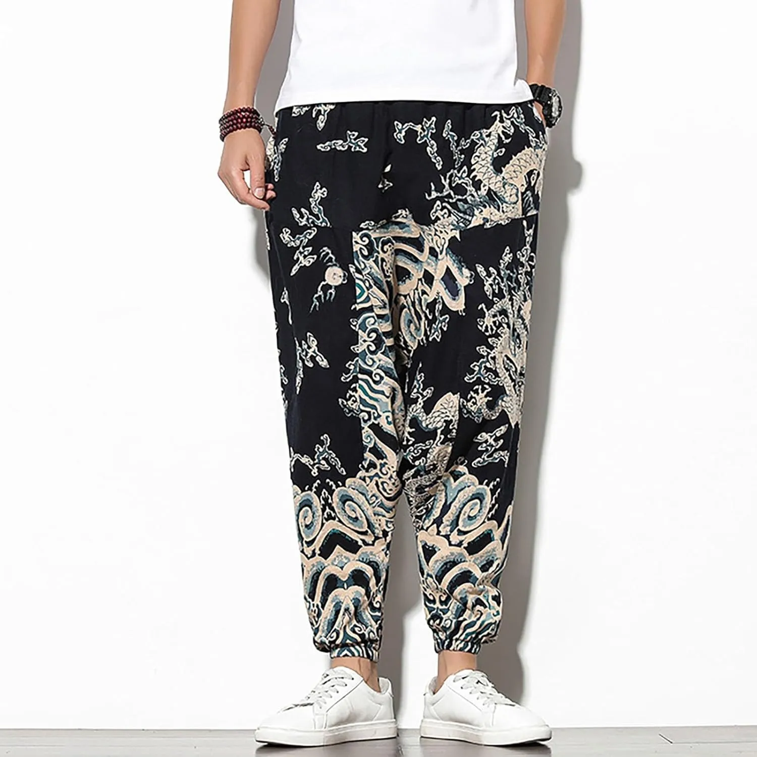 Mens Linen Cotton Chinese Dragon Pattern Harem Pants Big and Tall Elastic Waist Wide Leg Trousers Drop Crotch Hippie Pants