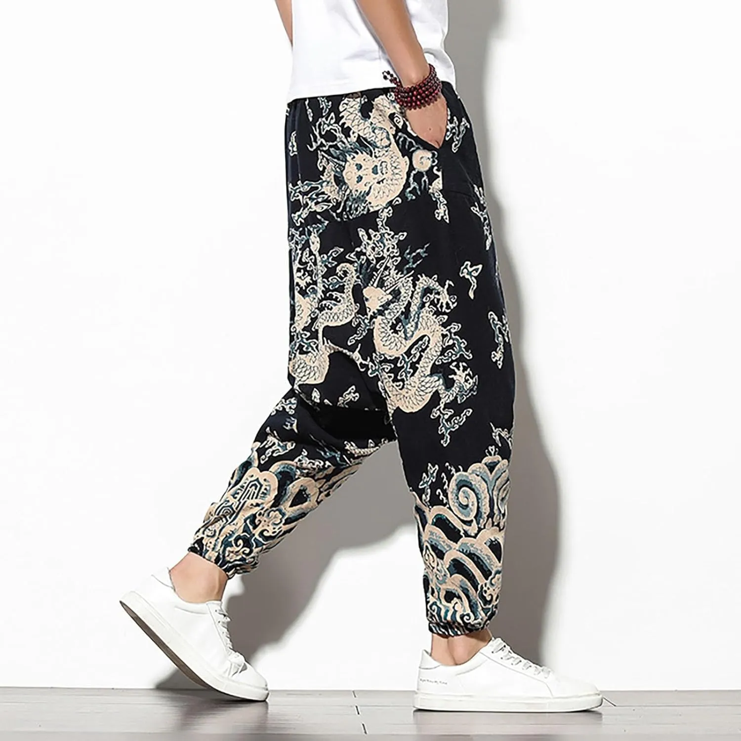 Mens Linen Cotton Chinese Dragon Pattern Harem Pants Big and Tall Elastic Waist Wide Leg Trousers Drop Crotch Hippie Pants