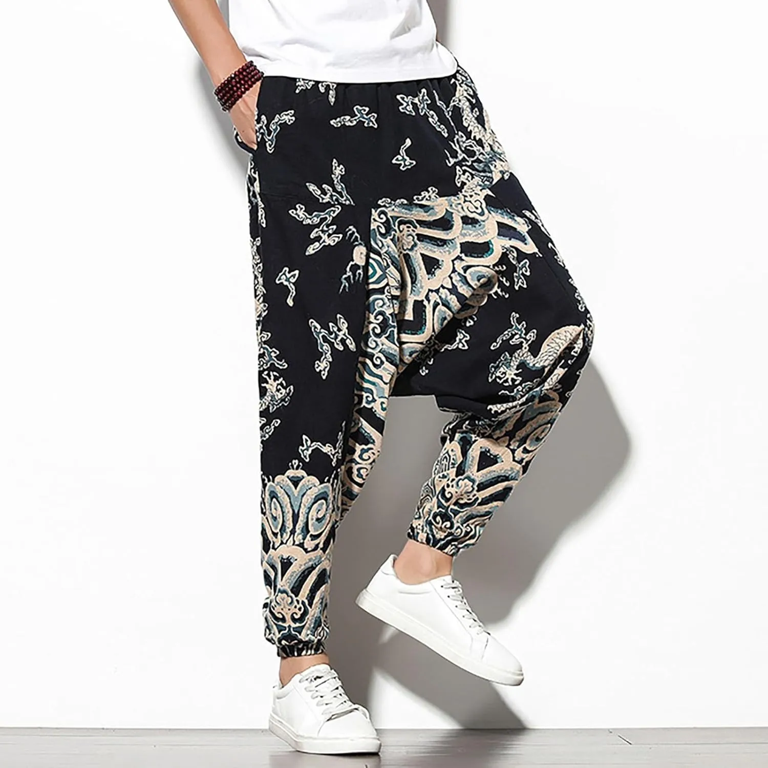 Mens Linen Cotton Chinese Dragon Pattern Harem Pants Big and Tall Elastic Waist Wide Leg Trousers Drop Crotch Hippie Pants