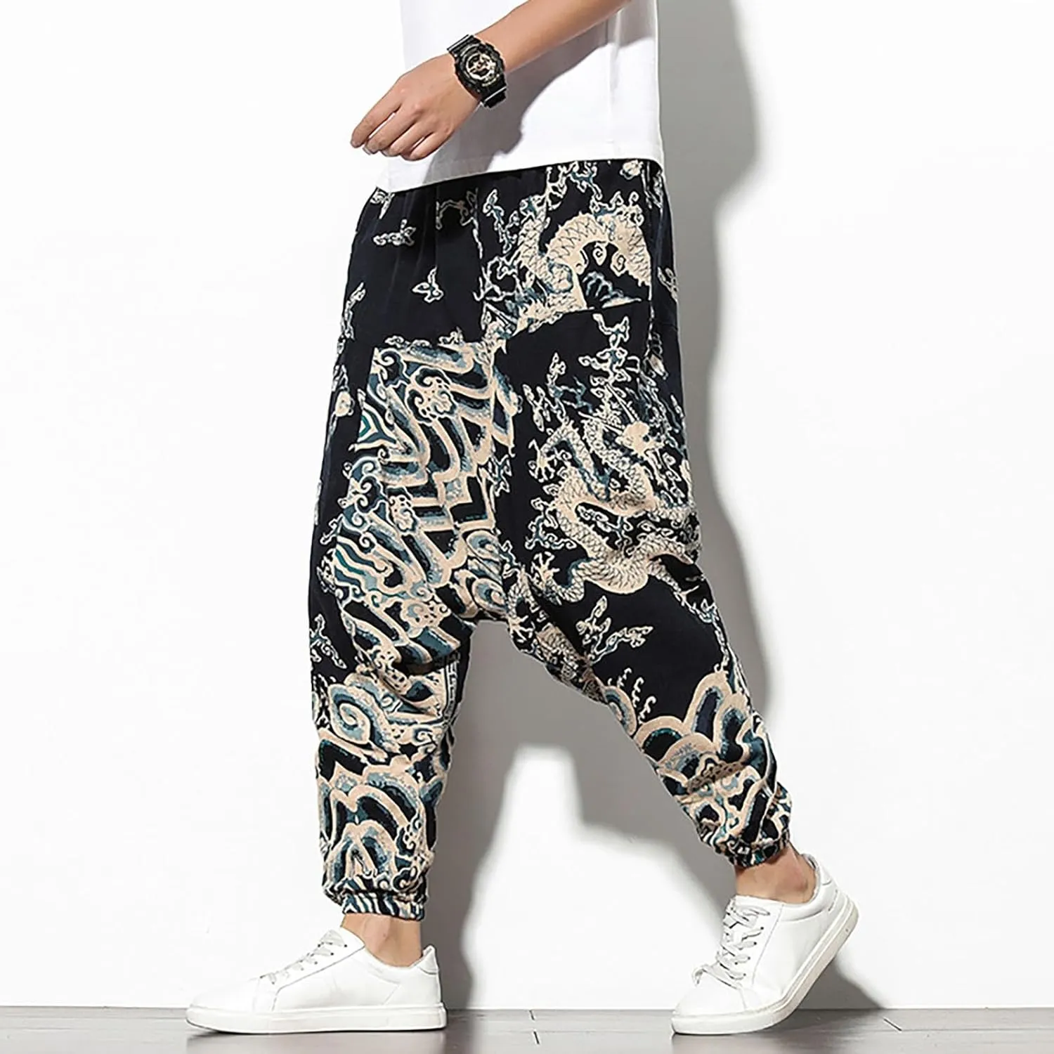 Mens Linen Cotton Chinese Dragon Pattern Harem Pants Big and Tall Elastic Waist Wide Leg Trousers Drop Crotch Hippie Pants