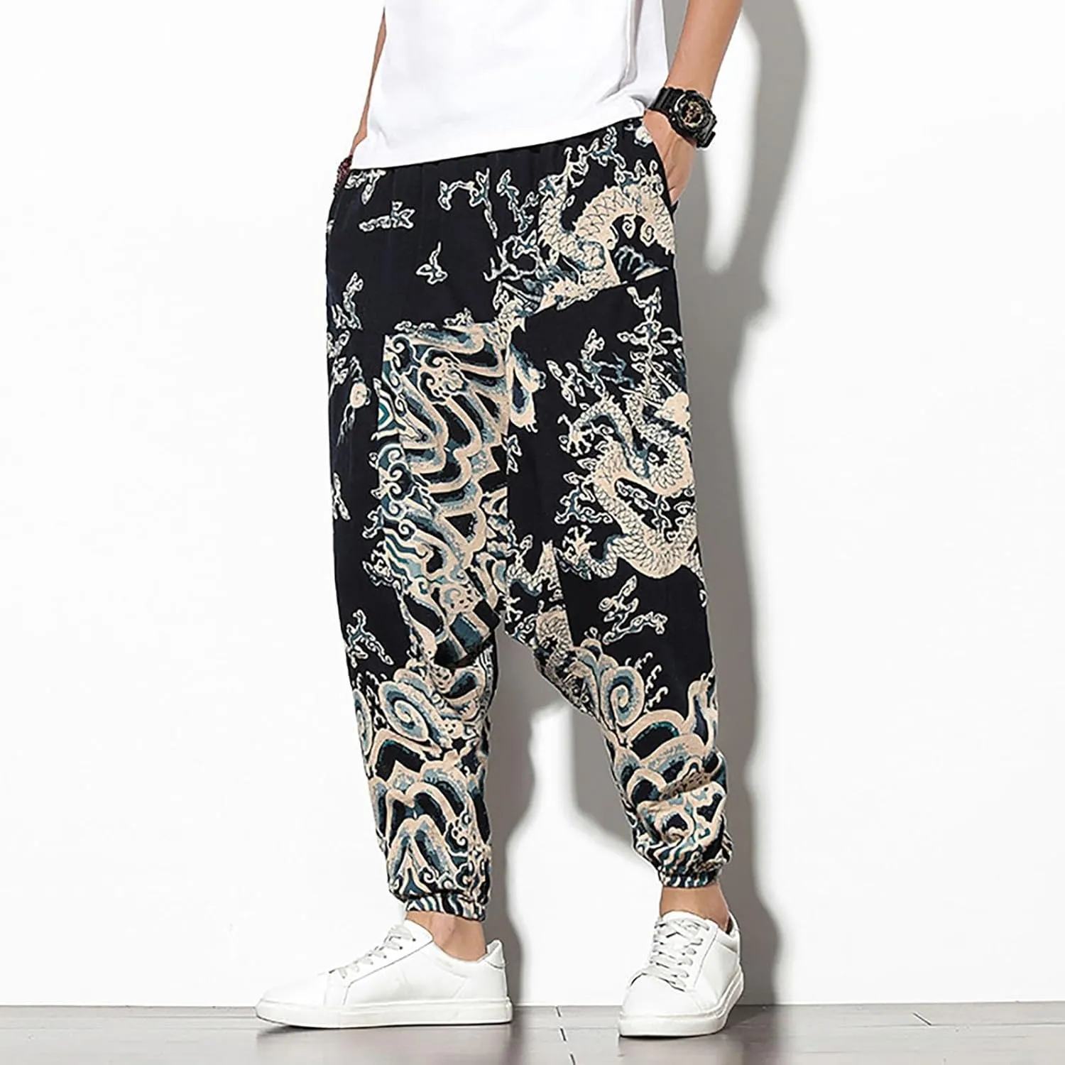 Mens Linen Cotton Chinese Dragon Pattern Harem Pants Big and Tall Elastic Waist Wide Leg Trousers Drop Crotch Hippie Pants