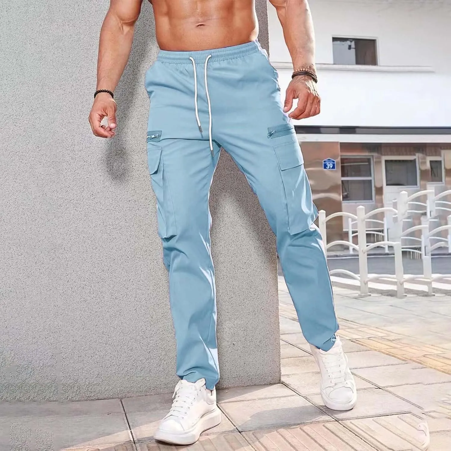 Mens Linen Cotton Pants Lightweight Mens Hiking Pants Cargo Pant Zipper Pocket Streetwear Pants Men White Loose Pant