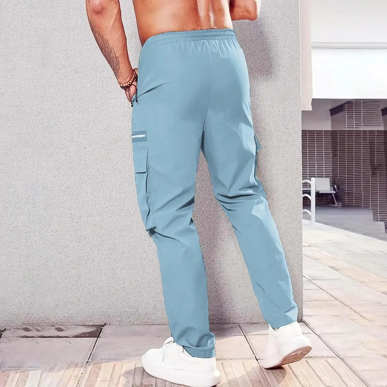 Mens Linen Cotton Pants Lightweight Mens Hiking Pants Cargo Pant Zipper Pocket Streetwear Pants Men White Loose Pant