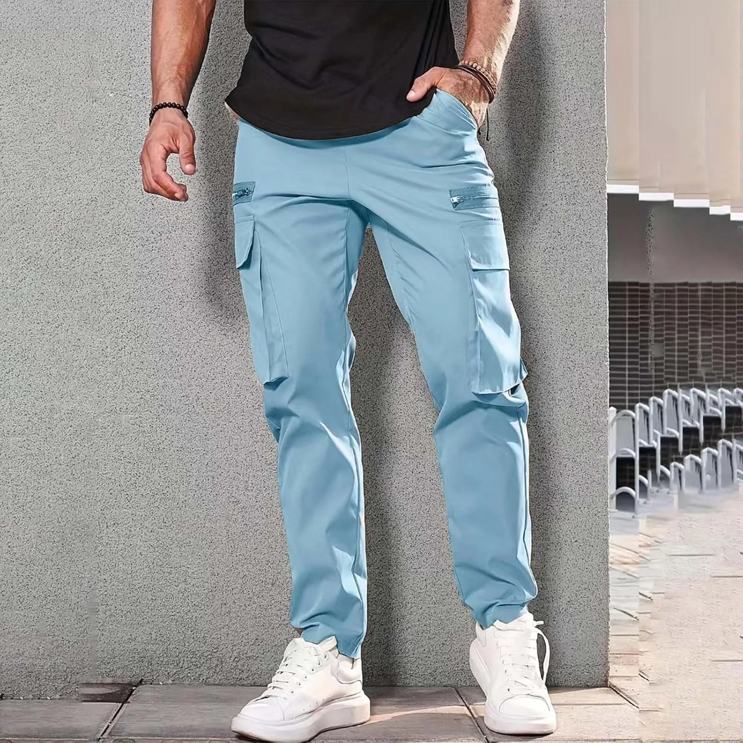Mens Linen Cotton Pants Lightweight Mens Hiking Pants Cargo Pant Zipper Pocket Streetwear Pants Men White Loose Pant