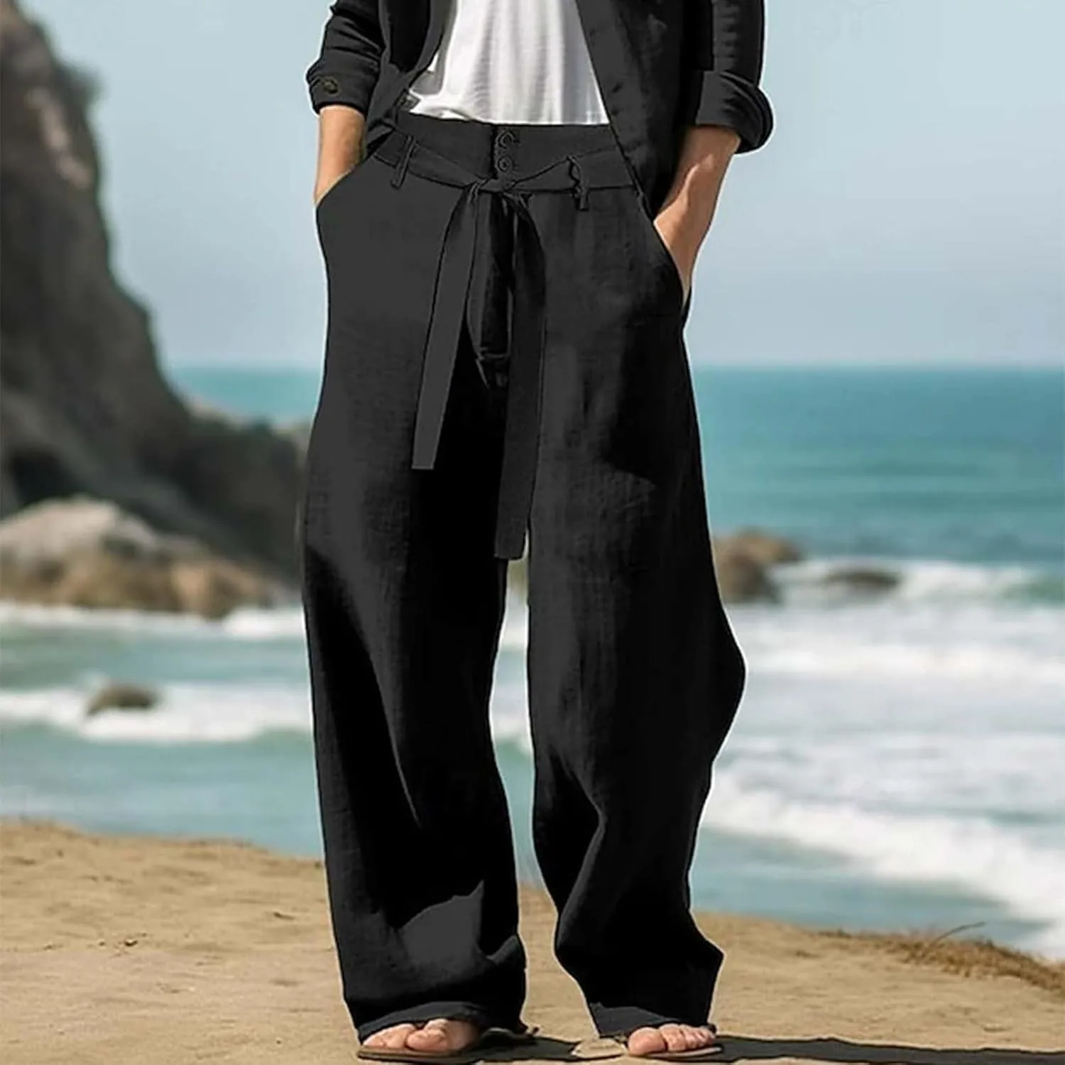 Mens Linen Pants Beach Tall Casual Drawstring Elastic Waist Beach Yoga Pants Summer Lightweight Trousers with Pockets